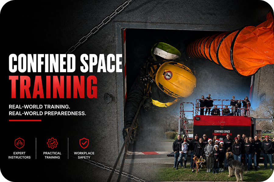 Confined space training demonstration with instructors and workers preparing for safe entry