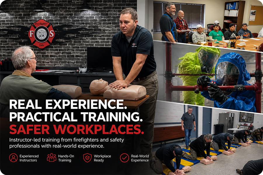 Firefighter-led instructor demonstrating hands-on emergency response training to employees